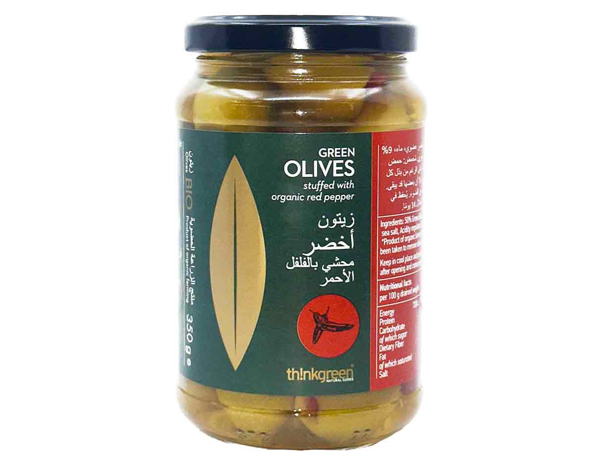 Thinkgreen Organic Green Olives Stuffed With Red Pepper 350g