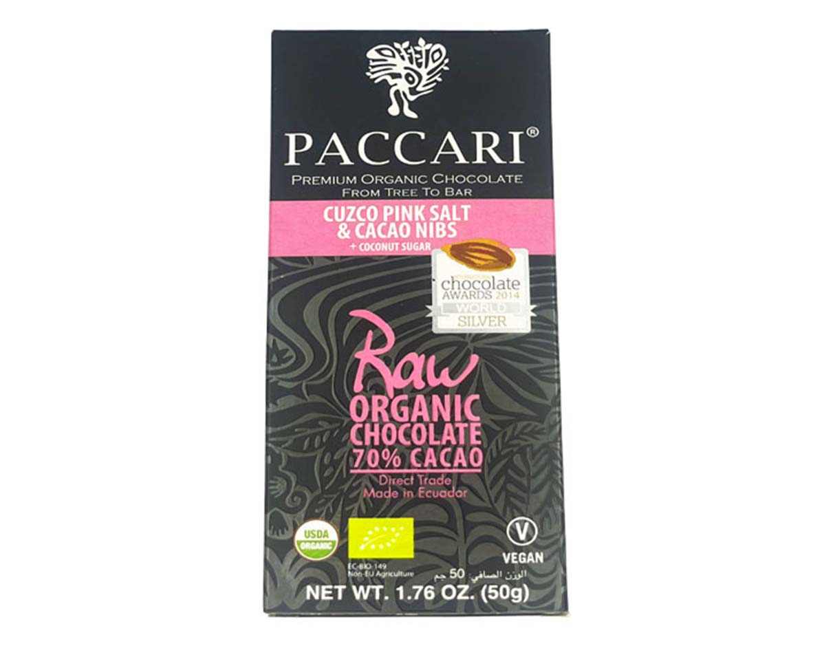 Organic Raw Chocolate 70% Cacao Bar w/ Cuzco Pink Salt, Cacao Nibs & Coconut Sugar, Gluten Free