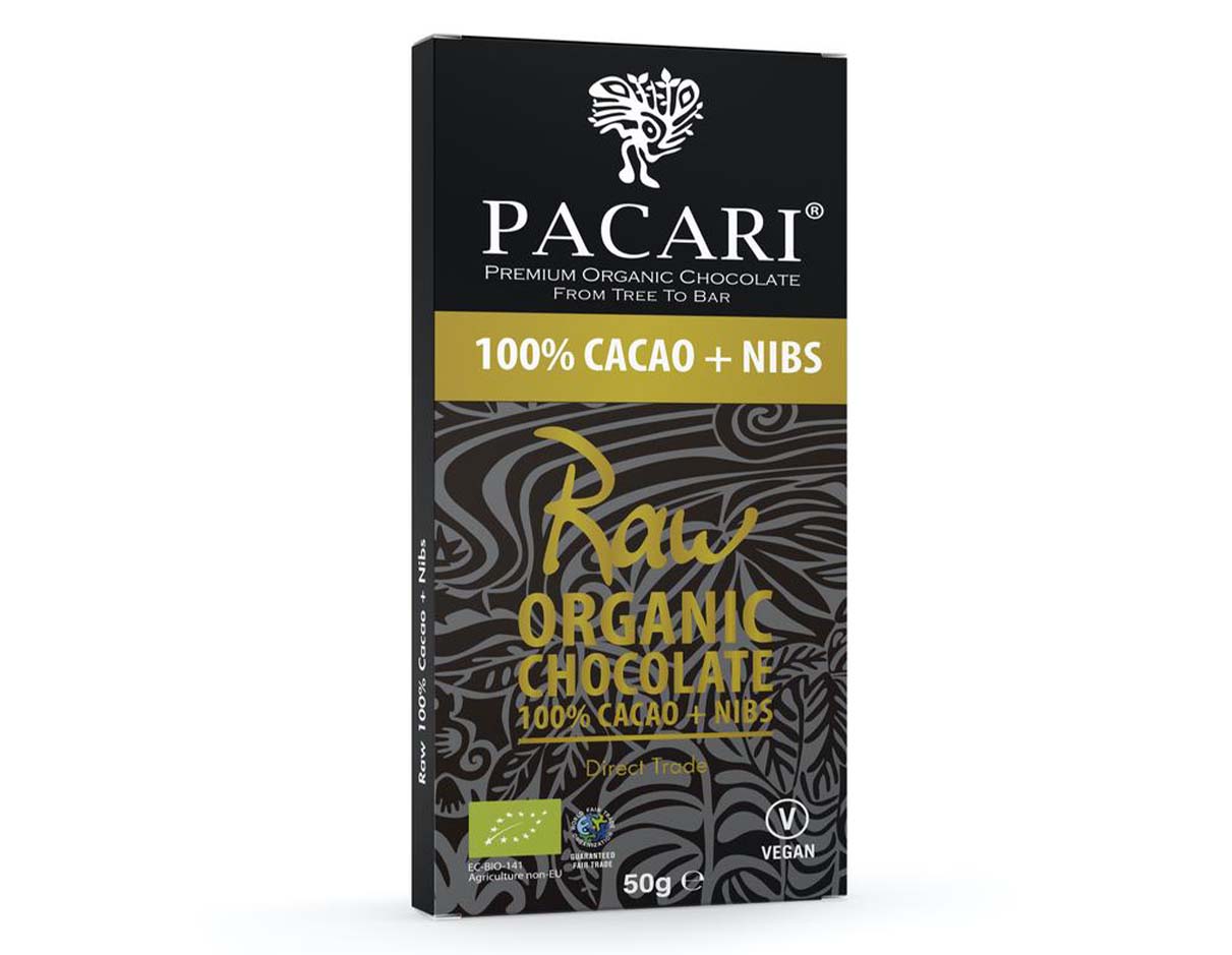 Organic Raw Chocolate Bar 100% Cacao & Nibs, Gluten Free