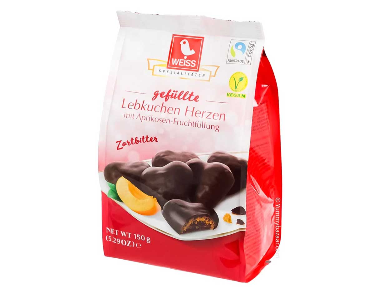 Weiss Dark Chocolate Apricot Filling Gingerbread Hearts 150g, Vegan 