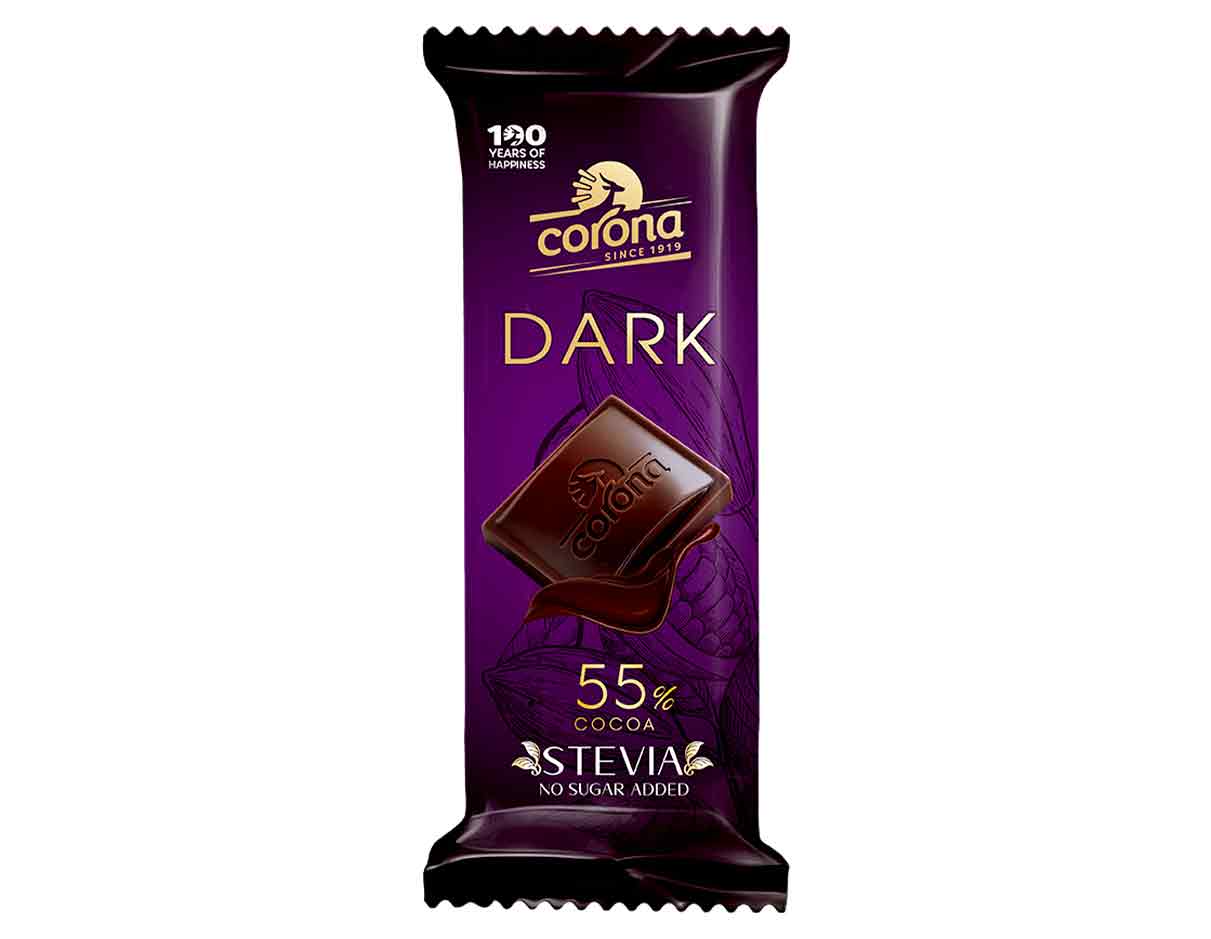 Corona 55% Cocoa Dark Chocolate Stevia 44g, Gluten Free, Vegan, No Added Sugar, Not-So-Organic